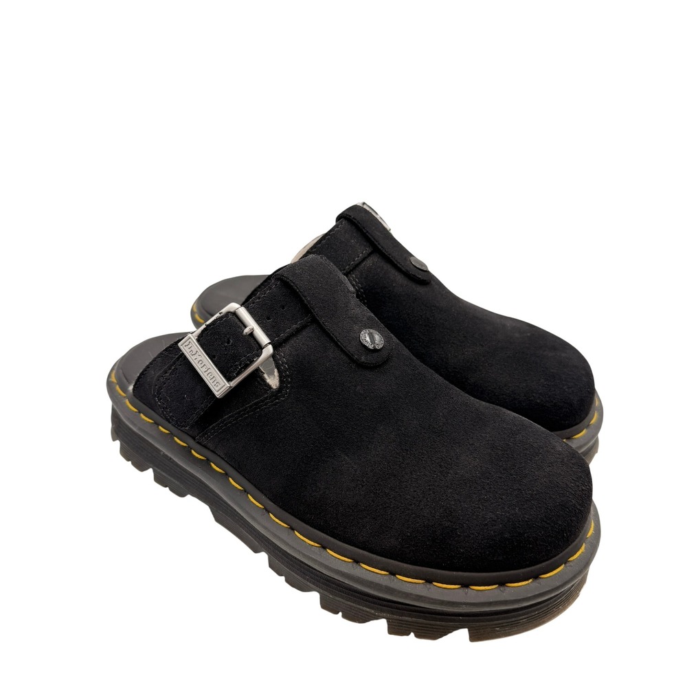 Dr. Martens Womens Zebzag Mules 7M Black Suede Platform Clogs Lug Chunky Fall